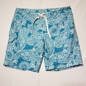 Kami‎ Surf Blue & White Paisley Board Shorts Drawstring Waist Size 14 Excellent
